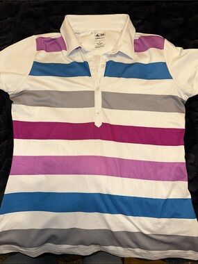 Adidas White Polo with Blue, Purple, Gray and Magenta Stripes